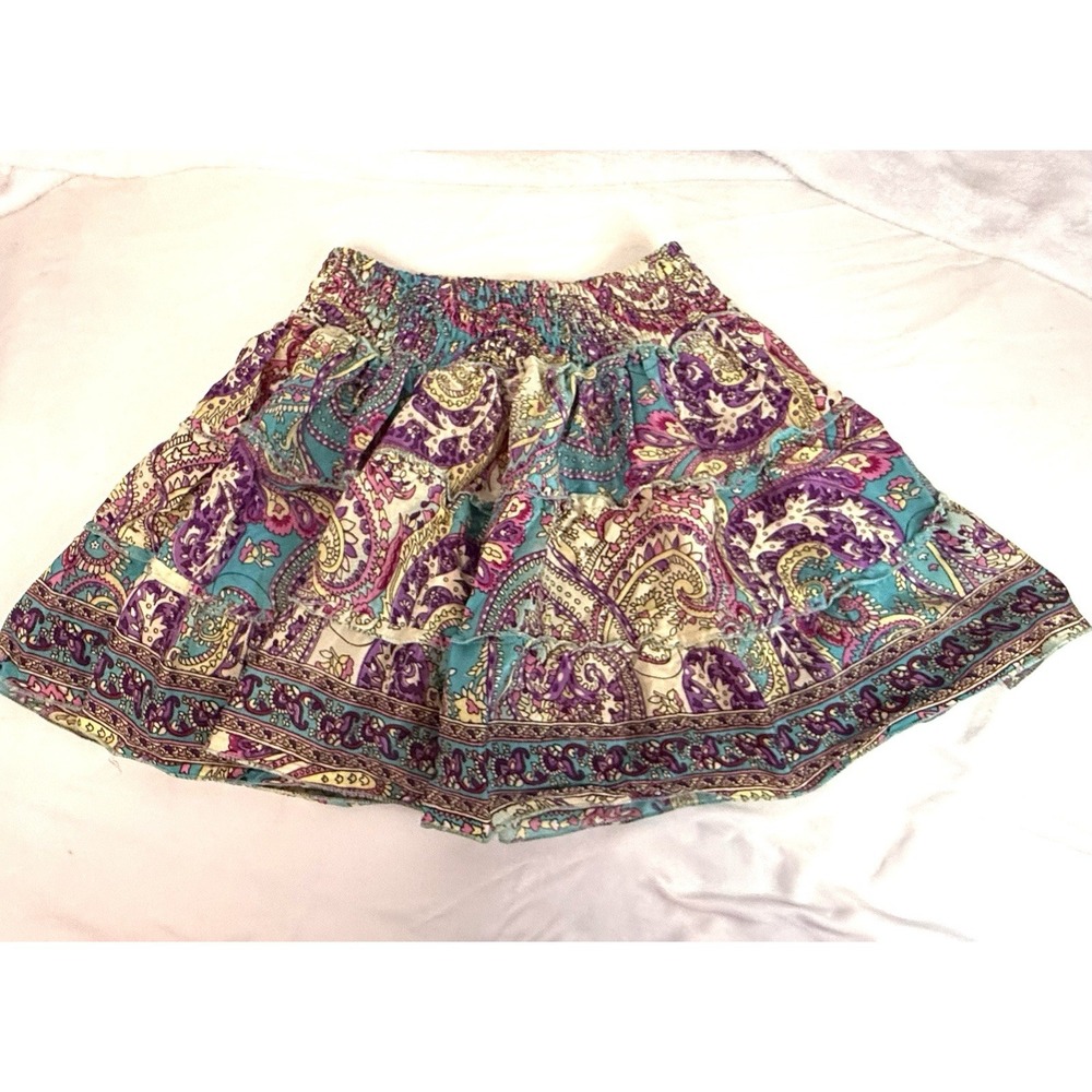 Rhea Paisley Silk Tiered Mini Skirt Boho Festival India Pink Teal OS